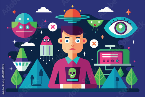 A character sits with a worried expression amidst strange creatures and surreal landscapes, reflecting paranoia, Paranoia Customizable Flat Illustration