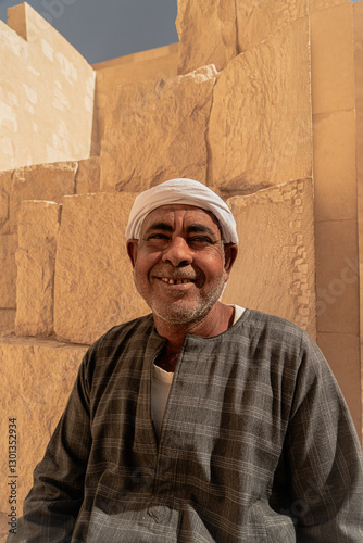 Photo of an Arab man wearing a white turban and traditional clothing with traditional patterns, smiling as he poses for the photo. Travel to Egypt. Valley of the Kings