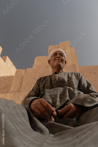 Photo of an Arab man wearing a white turban and traditional clothing with traditional patterns, smiling as he poses for the photo. Travel to Egypt. Valley of the Kings