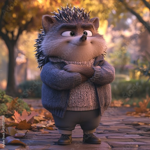 A Dapper Hedgehog Strolls Through Autumn: A charming character in a knitted sweater and jacket enjoys a crisp autumn day.