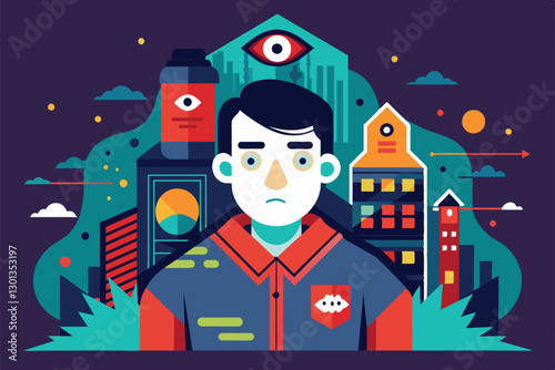 The artwork shows a paranoid character amid abstract buildings and watchful eyes, creating a sense of unease, Paranoia Customizable Flat Illustration