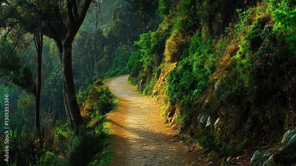 A winding pathway through a lush green forest leads to somewhere A winding pathway through a lush green forest leads to somewhere