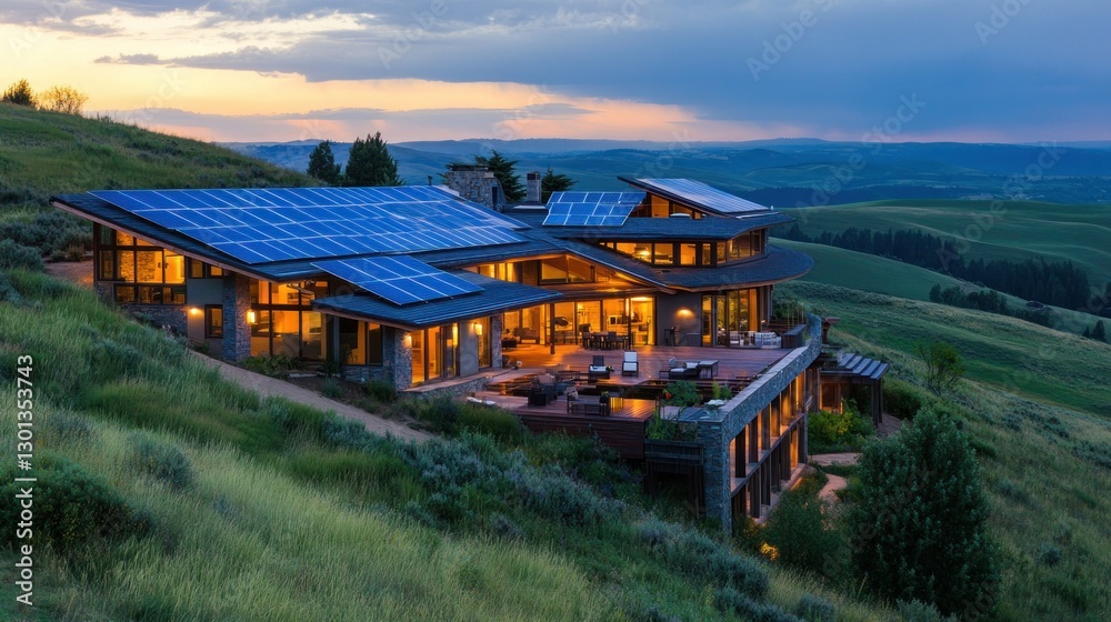A Beautiful Modern House With Solar Panels At Sunset A Beautiful Modern House With Solar Panels At Sunset