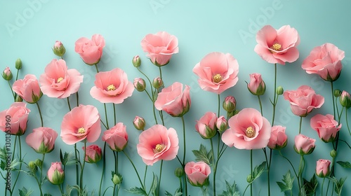 Diagonal pattern with pink eustoma buds on mint background, pastel floral backdrop, minimalist design.