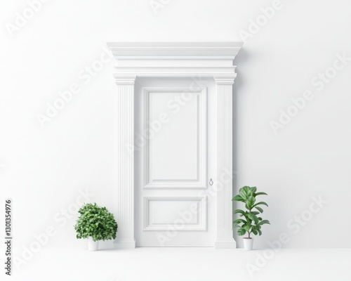 White door frame with green plants