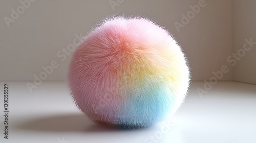 A multicolored faux fur ball in soft rainbow hues, blending seamlessly on a white surface 