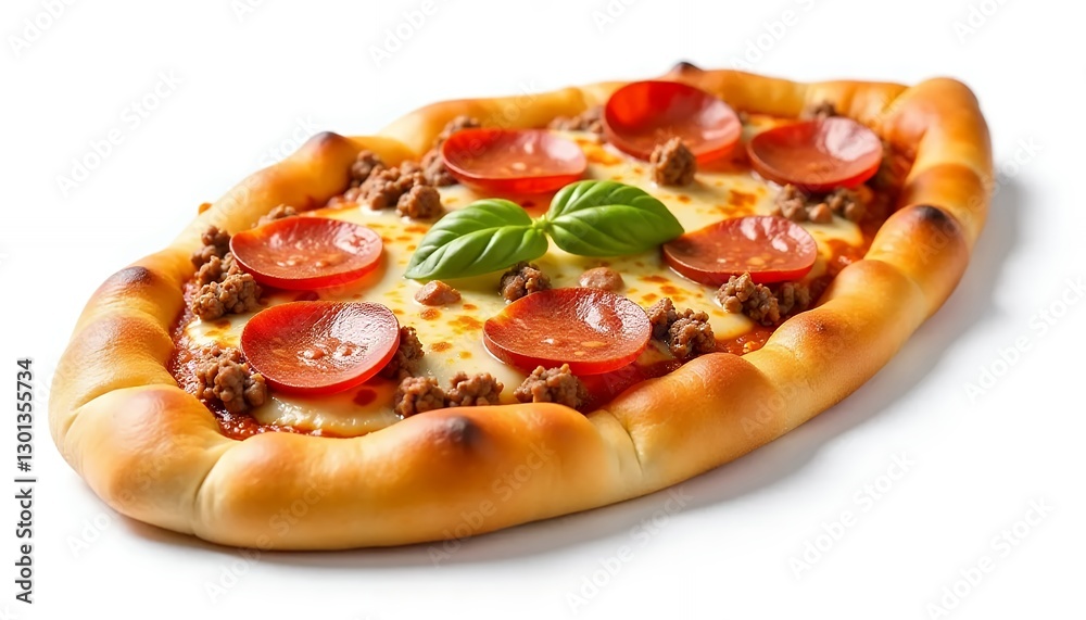 Pepperoni-Pizza-Meat-Basil_Oval-Crust_Delicious-Food_Isolated