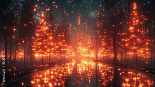 Wallpaper Mural Digital distorted holographic Christmas trees border a modern cyberpunk background with glitch effect. Torontodigital.ca