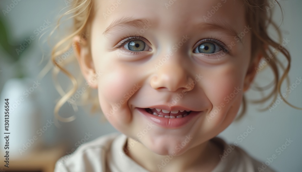 Smiling toddler with curly hair indoors, capturing innocence and joy Smiling toddler with curly hair indoors, capturing innocence and joy