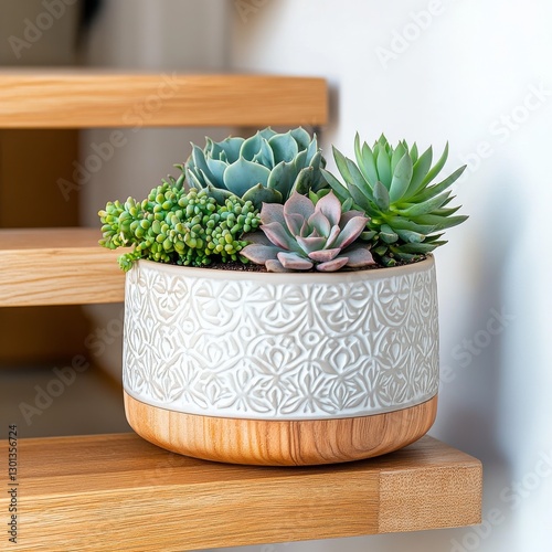 Succulent Garden: A Beautiful Arrangement of Colorful Succulents in a Decorative Pot on a Wooden Staircase. photo