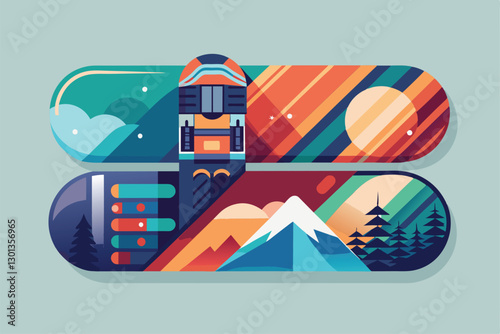 A creatively designed snowboard showcases a colorful mountain scene with a striking sunset backdrop, Para snowboard Customizable Disproportionate Illustration