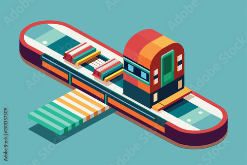 A colorful isometric illustration showcases a customizable para snowboard featuring unique design options, Para snowboard Customizable Isometric Illustration