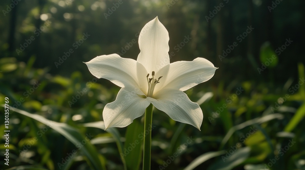 Obraz premium White Flower Blooming in a Lush Green Garden, Sunlight Filtering Through Trees