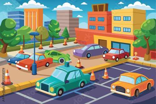 A vibrant cartoon showcases a customizable parking lot filled with cars, trees, and buildings under a clear sky, Parking Customizable Cartoon Illustration