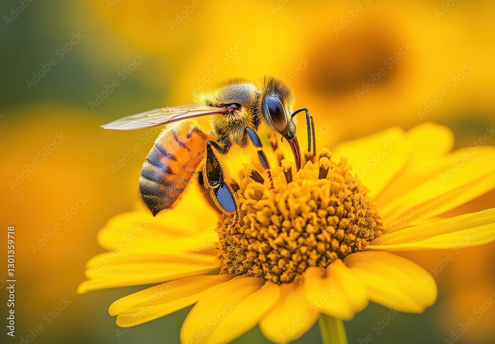 Close-Up View of a Honey Bee Pollinating a Bright Yellow Flower in a Vibrant Natural Setting Close-Up View of a Honey Bee Pollinating a Bright Yellow Flower in a Vibrant Natural Setting