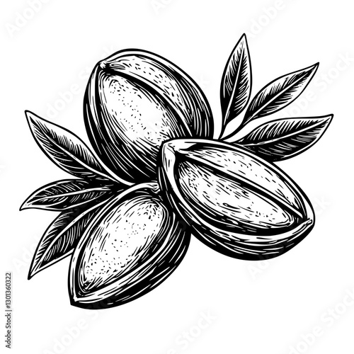 Vector engraved illustration of pistachio nuts with leaves for product design