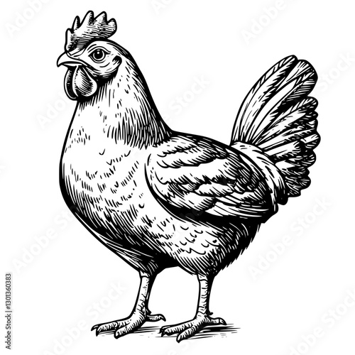 Engraved vector illustration of a detailed chicken for product design