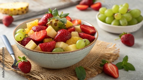 Fresh summer fruits in a ceramic bowl, healthy snack or dessert.
