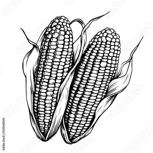 Vector engraved illustration of corn cobs with husks for product design and artwork purposes