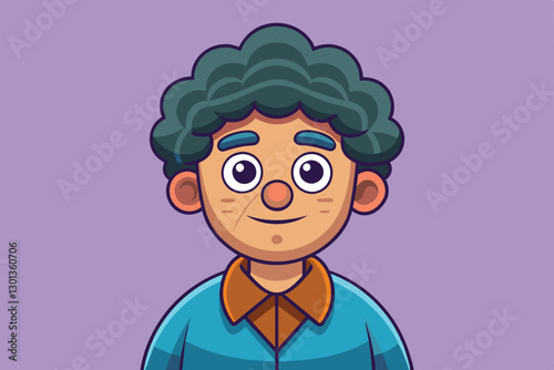 A cartoon character smiles warmly, showcasing curly hair and a light blue shirt against a purple background, Parkinson Customizable Cartoon Illustration