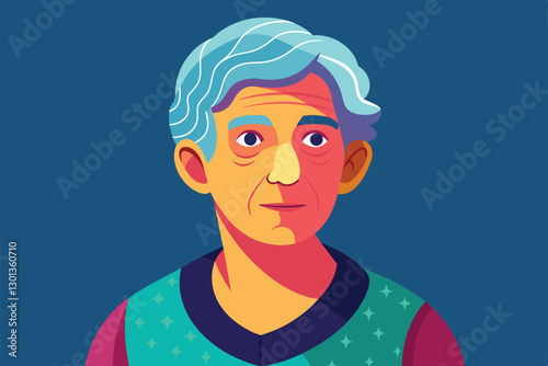 An artistic representation of an older individual showcasing unique features and colors, highlighting creativity, Parkinson Customizable Disproportionate Illustration