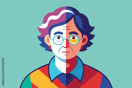This vibrant illustration explores the visual effects of Parkinson's disease on a person's expression and features, Parkinson Customizable Disproportionate Illustration
