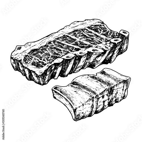 Detailed vector engraved illustration of premium meat cuts for culinary and product design purposes