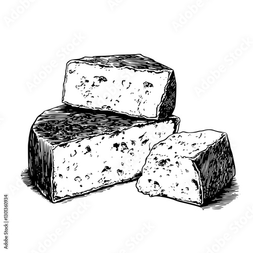 Vector engraved illustration of textured cheese blocks ideal for product design and culinary art projects