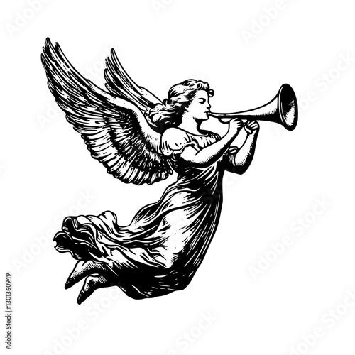 Vector engraved illustration of an angel playing a trumpet in mid-flight for artistic product design