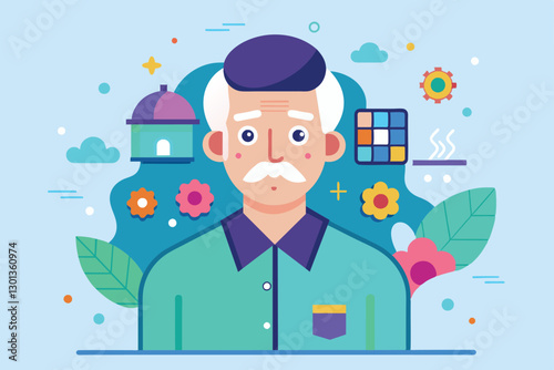 An elderly man with a mustache stands against a vibrant backdrop filled with flowers and various shapes, Parkinson Customizable Flat Illustration