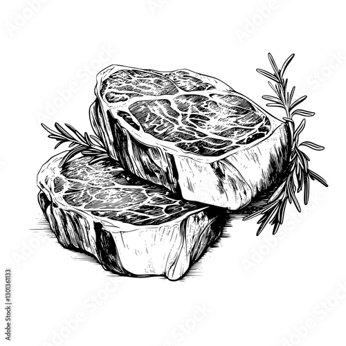 Detailed vector engraved illustration of premium cuts of meat garnished with fresh rosemary