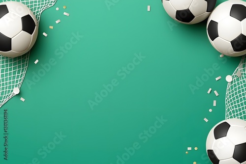 Soccer Balls Near Goal Net on Green Background with Decor Elements