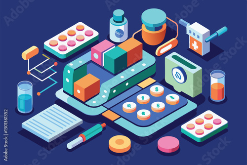 This isometric illustration features various tools and medications for Parkinsonâ€™s treatment, emphasizing customization, Parkinson Customizable Isometric Illustration