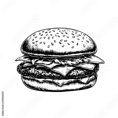 Vector engraved illustration of a hamburger with sesame seed bun and layered toppings for product design