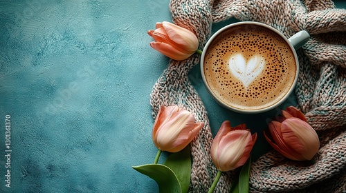 Elevated view of a frothy coffee, early spring tulips, and a woven shawl on a pastel blue field with an empty quarter for text, capturing the spring flair concept.