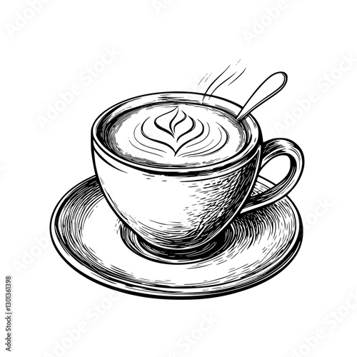 Vector engraved illustration of a steaming cup of coffee with latte art on a saucer, perfect for product design inspiration