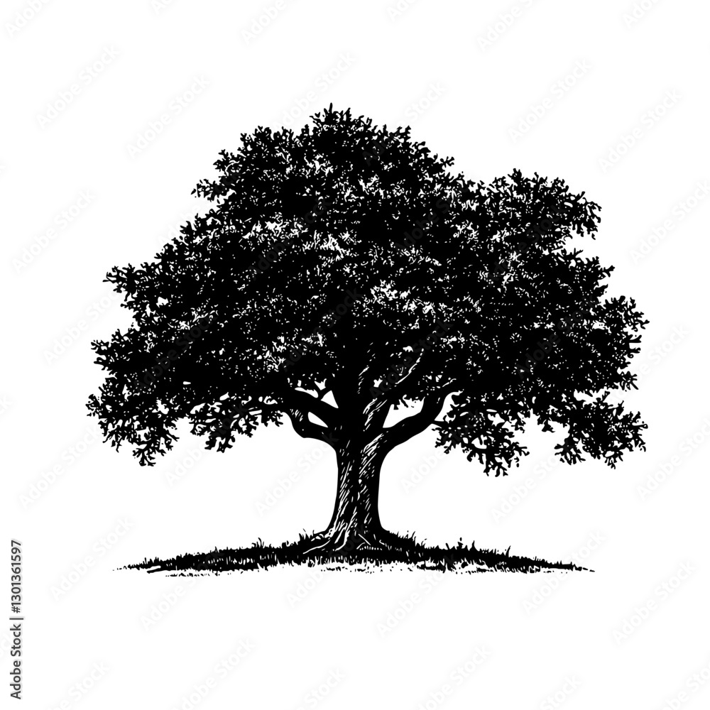 Fototapeta premium Vector engraved illustration of a large oak tree designed for product applications and decorative art