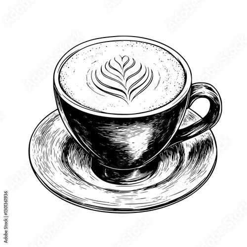 Detailed vector engraving of a coffee cup with latte art on a saucer for product design inspiration