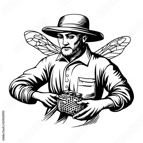 Vector engraved illustration of a beekeeper handling honeycomb with attention to detail and craftsmanship