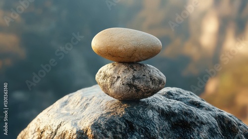 A lopsided stone balanced precariously on a larger rock 