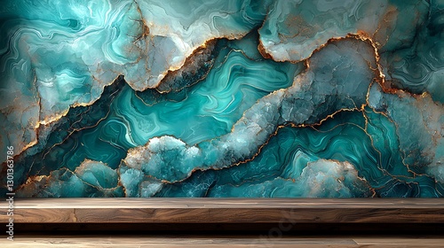 Teal Marble Wall with Wood Surface