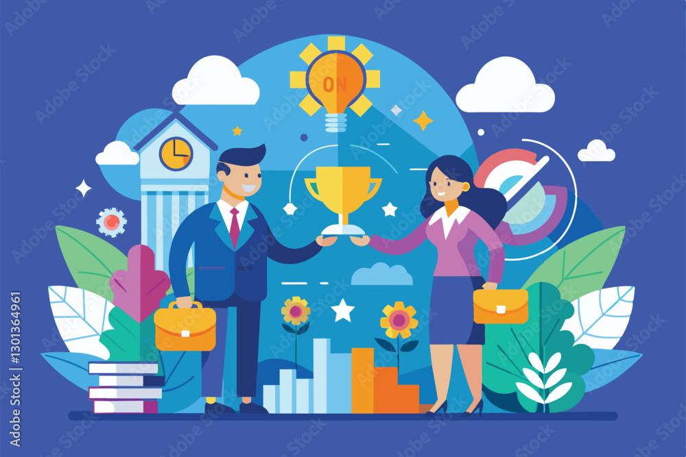 Two professionals celebrate a successful partnership with a trophy, symbolizing collaboration and achievements, Partnership Customizable Semi Flat Illustration Two professionals celebrate a successful partnership with a trophy, symbolizing collaboration and achievements, Partnership Customizable Semi Flat Illustration