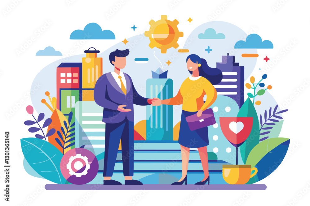 Business professionals engage in a partnership handshake with a city skyline and greenery in the background, Partnership Customizable Semi Flat Illustration Business professionals engage in a partnership handshake with a city skyline and greenery in the background, Partnership Customizable Semi Flat Illustration