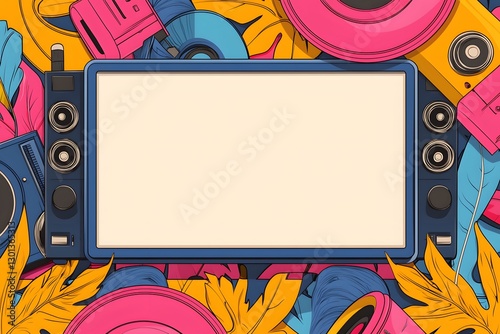 Colorful Retro Design with Vintage Audio Equipment and Leaves