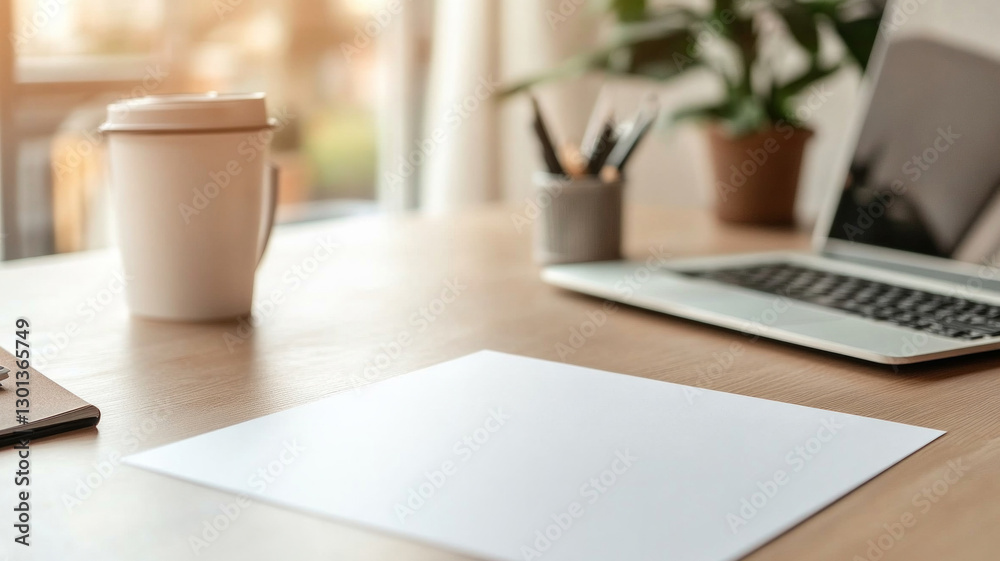 A white piece of paper sits on a desk with a laptop and a cup of coffee A white piece of paper sits on a desk with a laptop and a cup of coffee