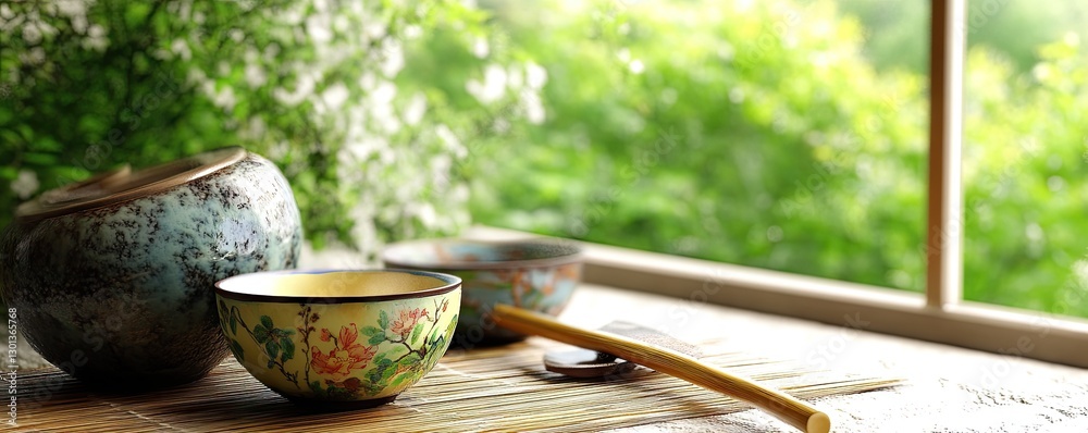 Serene Morning A Peaceful Table Setting with Nature View and Soft Light Serene Morning A Peaceful Table Setting with Nature View and Soft Light
