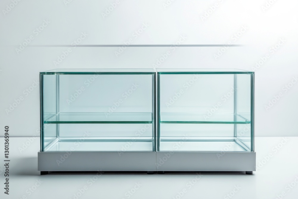 Empty glass display case with two sections and white base on white background. Empty glass display case with two sections and white base on white background.