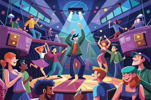 A dynamic group of dancers fills the club, celebrating with music and lights in an energetic setting, Party in a club Illustration