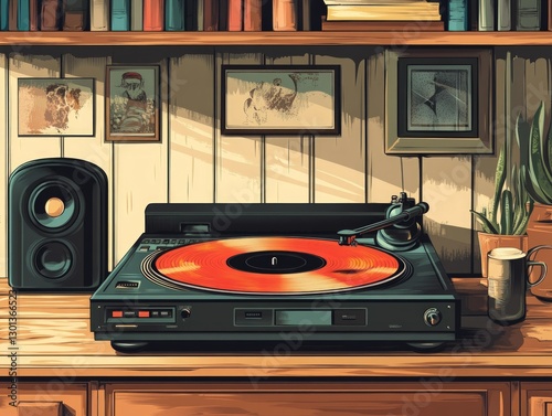 A vintage record player on a wooden table with a plant in a ceramic pot, a mug, and framed pictures on a shelf behind it.