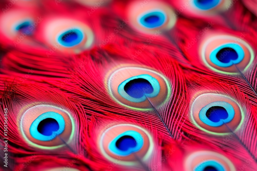 Obraz premium Crimson Peacock Feather Close-Up - Vivid red peacock feathers, intricate detail, vibrant blue and green accents, natural beauty, exotic elegance. Symbolizing: luxury, beauty, pride, transformation